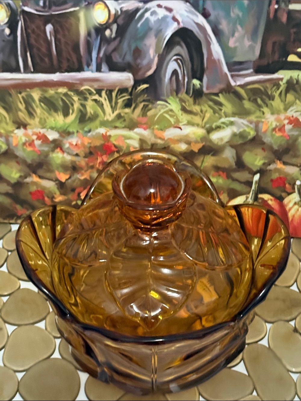 Vintage Viking Amber Glass Covered Candy Dish - Home Art